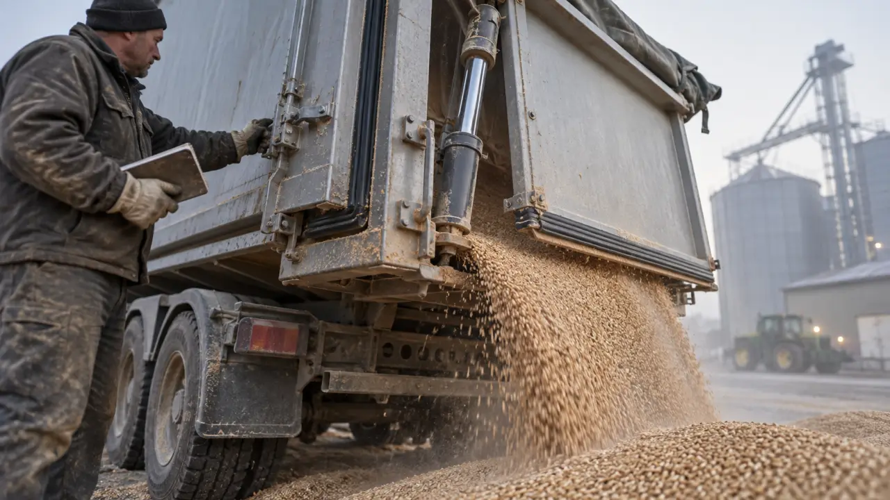 Benne céréaliere sur une aire agricole, vérin et flux de grains