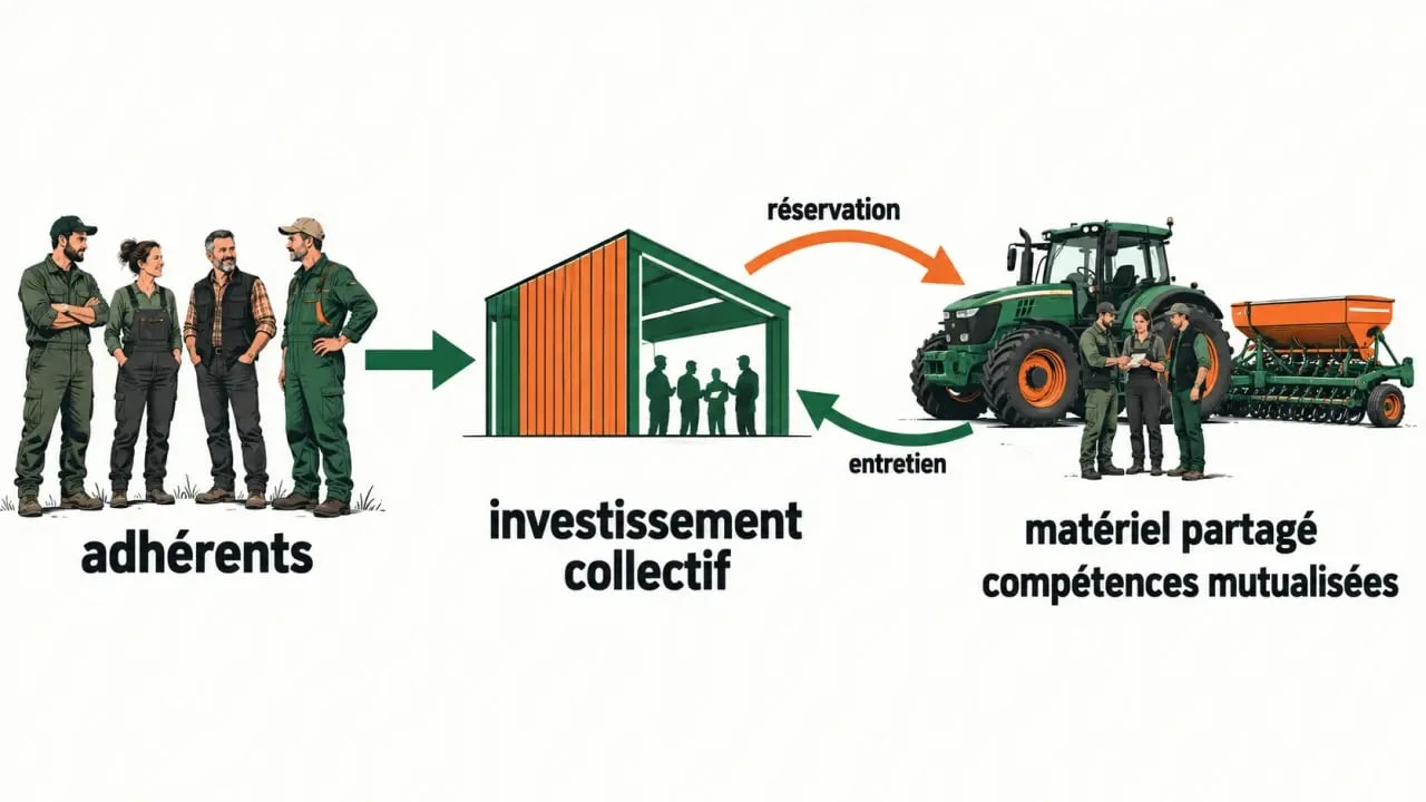 Schéma du fonctionnement d’une CUMA et du partage de matériel agricole entre adhérents