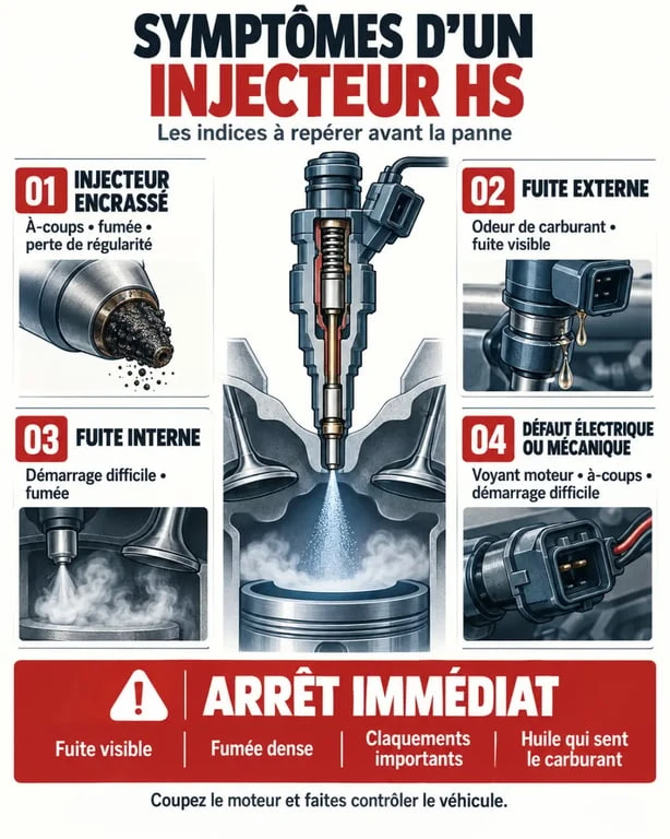 Infographie des symptômes injecteur HS : encrassement, fuite, défaut électrique et signes d’urgence