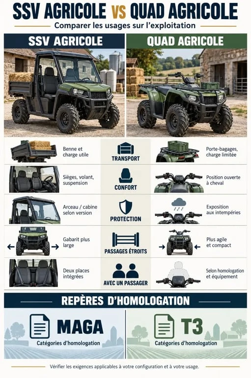 Infographie comparative d’un SSV agricole et d’un quad agricole