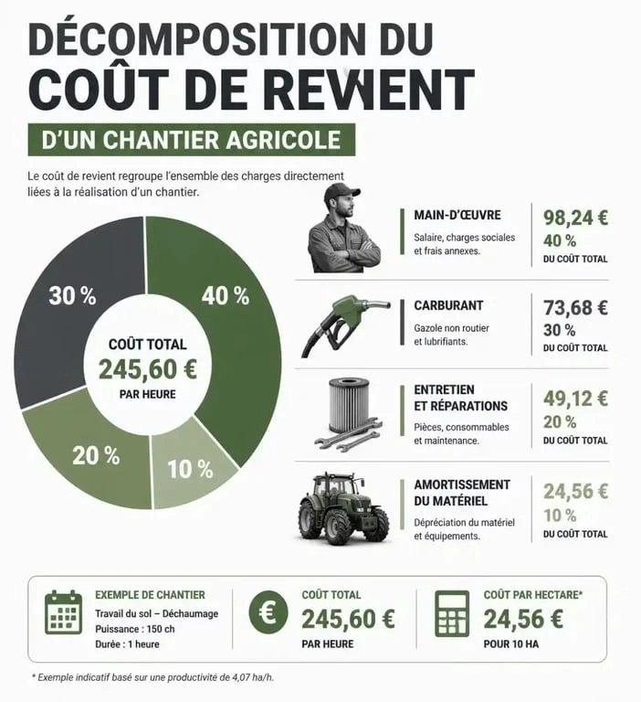 Infographie des postes de dépenses pour le calcul du tarif prestation travaux agricole 2025