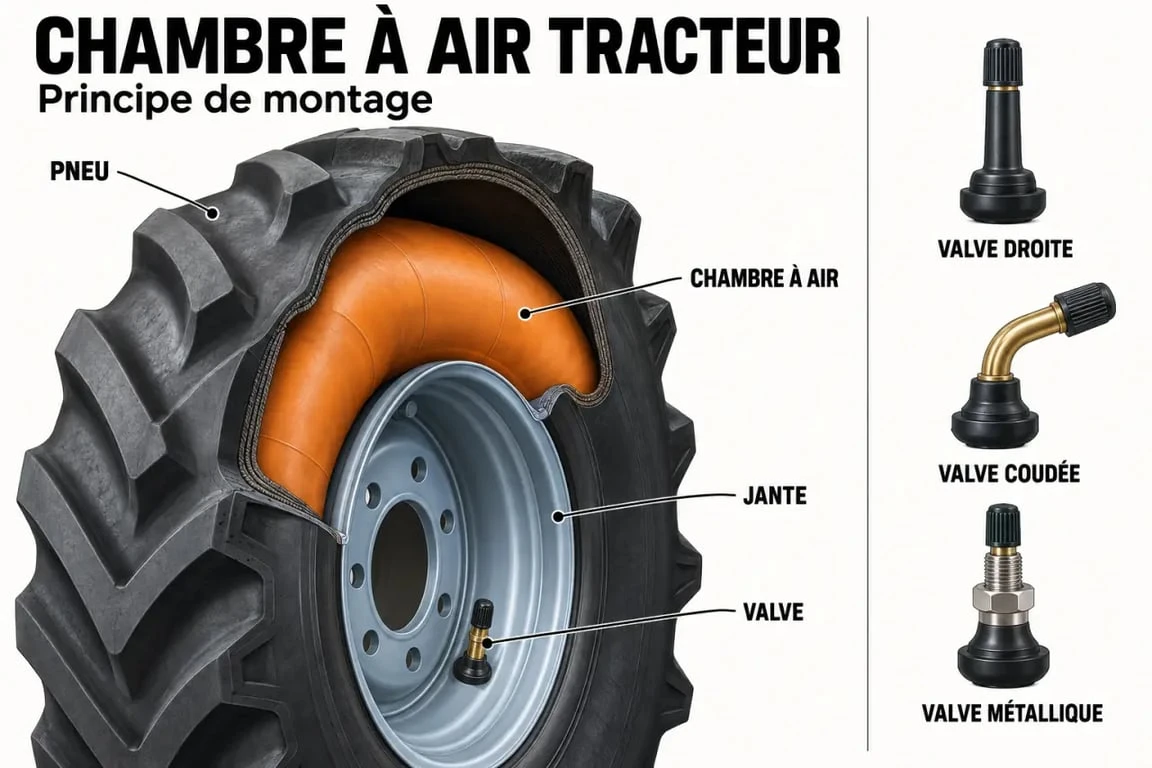 Schéma d'une chambre à air tracteur dans un pneu agricole avec différents types de valves