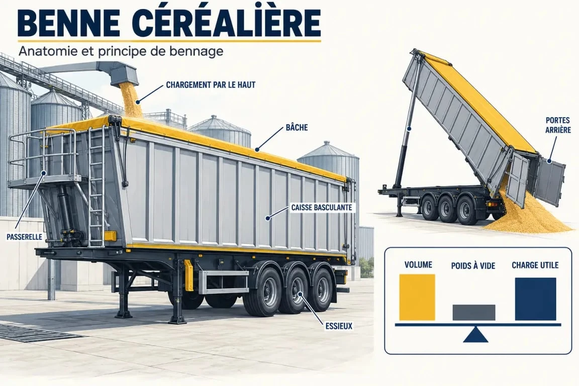 Schéma éditorial d'une benne céréalière avec bâche, vérin hydraulique, portes et essieux