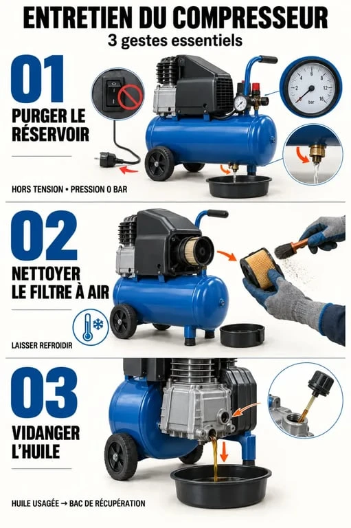 Entretien compresseur : purge du réservoir, nettoyage du filtre à air et vidange de l’huile