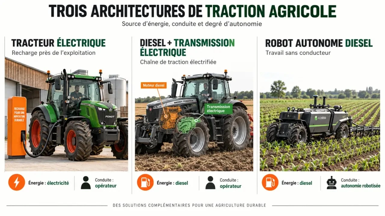 Tracteur agricole électrique, transmission électrique et robot autonome : principales différences