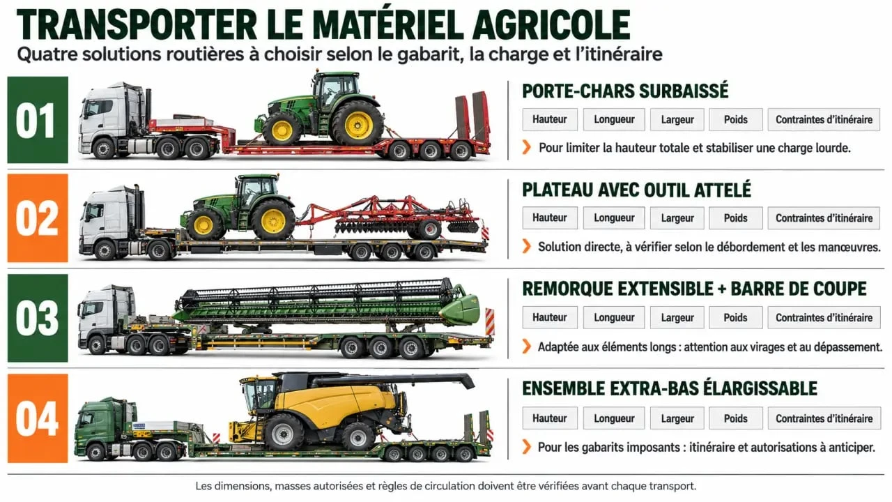 Infographie sur les solutions de transport de matériel agricole selon le gabarit et le type de machine