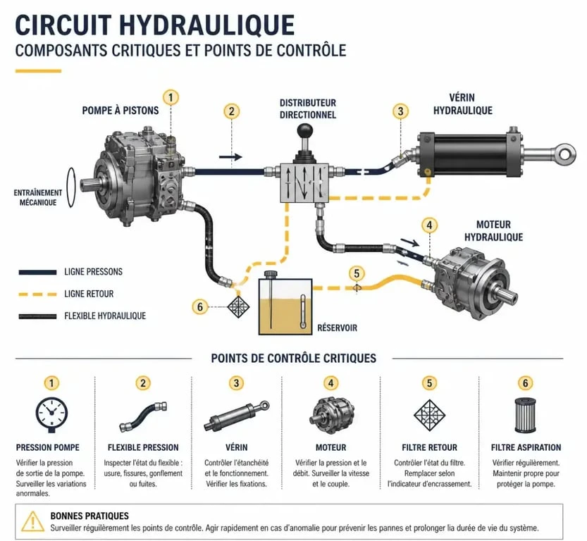 Schéma des composants critiques en maintenance hydraulique
