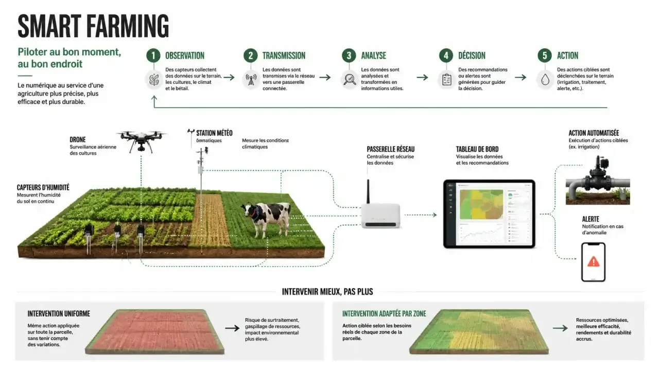 Schéma du cycle du smart farming, des capteurs agricoles à la décision et à l’action