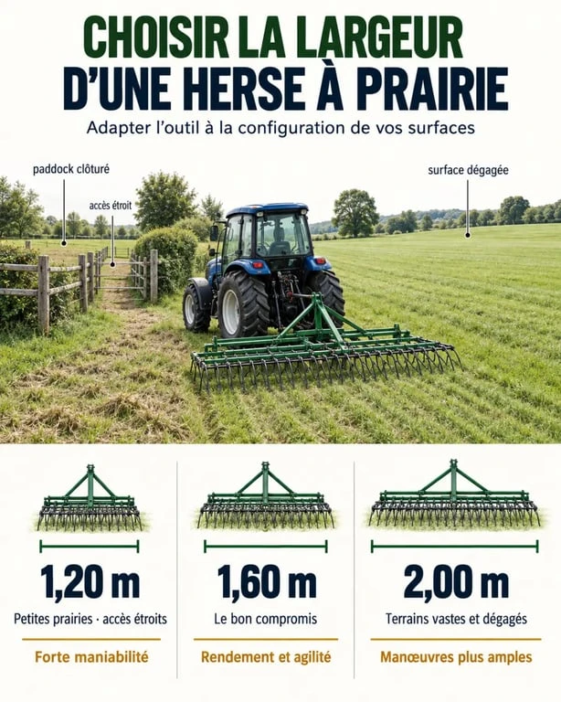 Infographie sur le choix d’une herse à prairie selon la largeur de travail