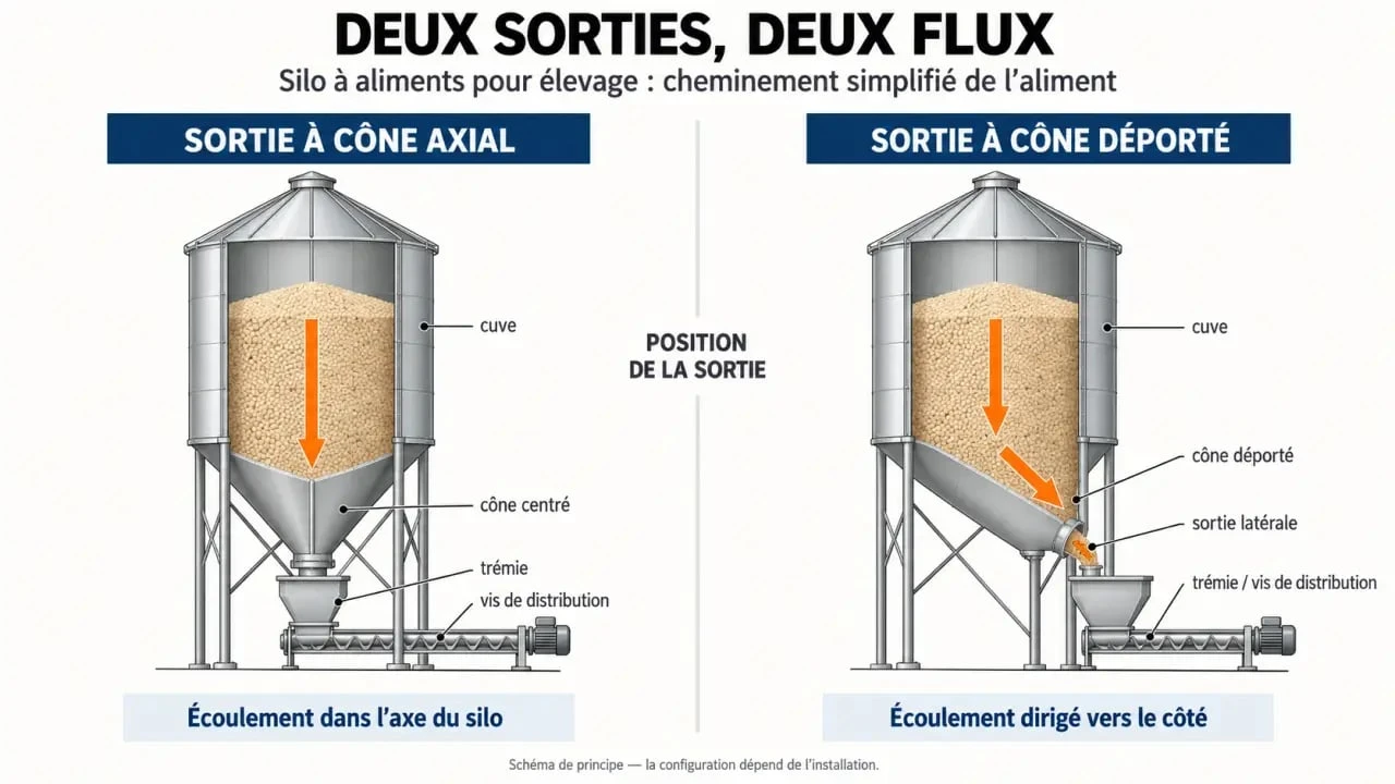 Silo aliment avec comparaison entre cône axial et cône déporté