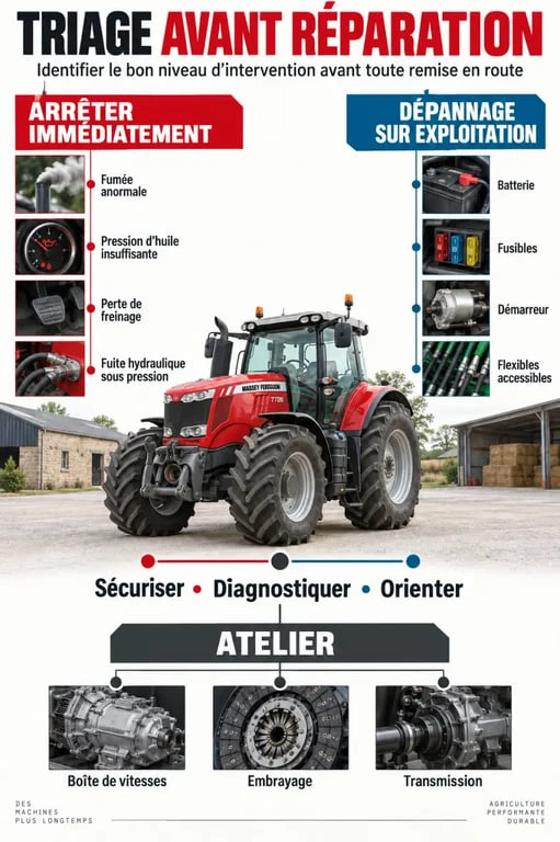 Infographie sur les priorités de réparation tracteur selon les symptômes et le niveau d'urgence