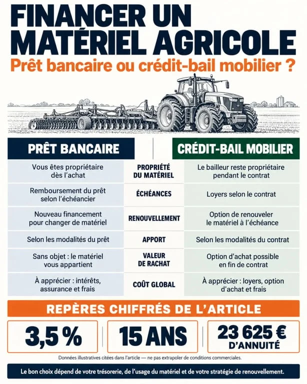 Simulation prêt matériel agricole : comparaison entre prêt bancaire et crédit-bail mobilier