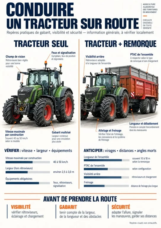 Infographie sur la conduite d’un tracteur avec remorque, le permis, la vitesse et la sécurité routière