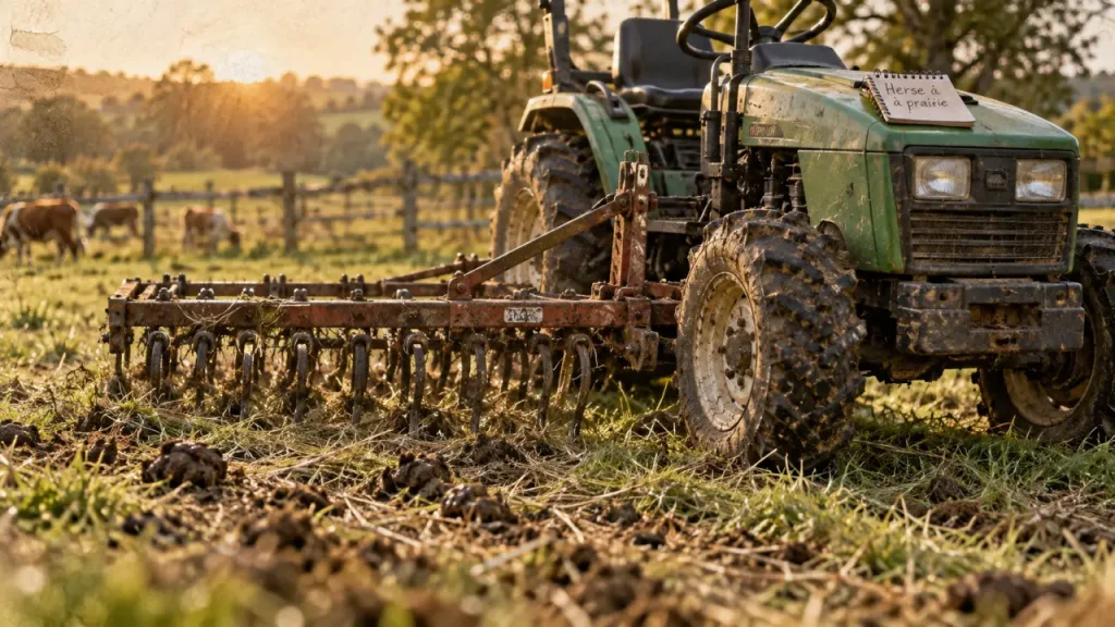 Herse à prairie tractée sur prairie après pâturage, largeur au choix 1,20–2,00 m