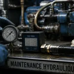 Maintenance hydraulique : technicien contrôle manomètre et propreté ISO 4406 sur équipement hydraulique
