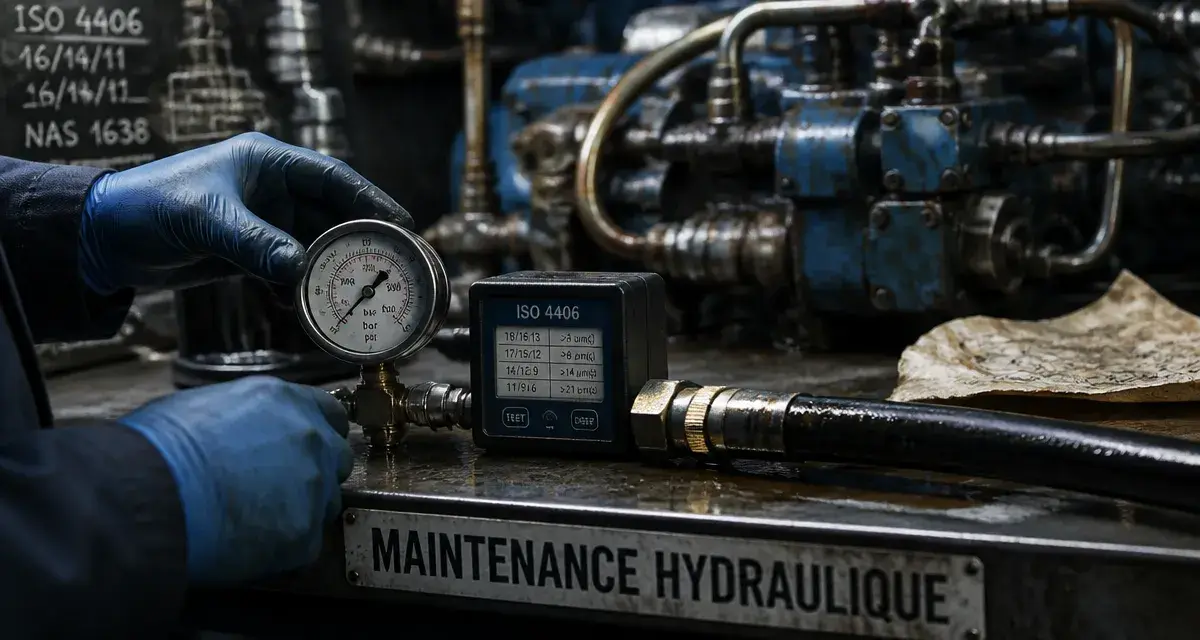 Maintenance hydraulique : technicien contrôle manomètre et propreté ISO 4406 sur équipement hydraulique