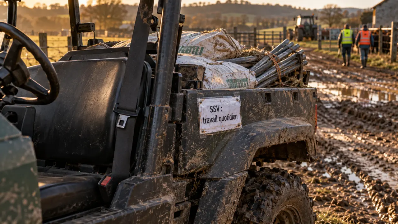 Photo d’un ssv agricole utilitaire cabossé pour le travail quotidien