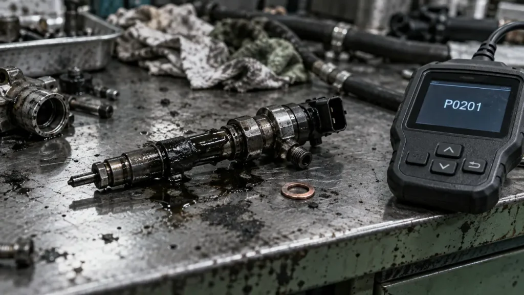 Symptômes injecteur HS : injecteur diesel démonté et code P0201