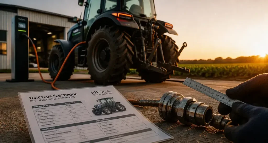 Tracteur agricole électrique 160 ch en extérieur, câble de recharge visible, autonomie 8 heures à vérifier