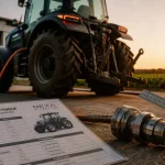 Tracteur agricole électrique 160 ch en extérieur, câble de recharge visible, autonomie 8 heures à vérifier
