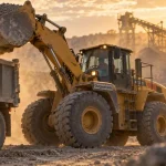 Chargeuse sur pneu lève le godet de granulats sur chantier