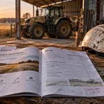 Devis assurance tracteur : garanties conducteur et outils attelés, brochure sur table et tracteur au fond.
