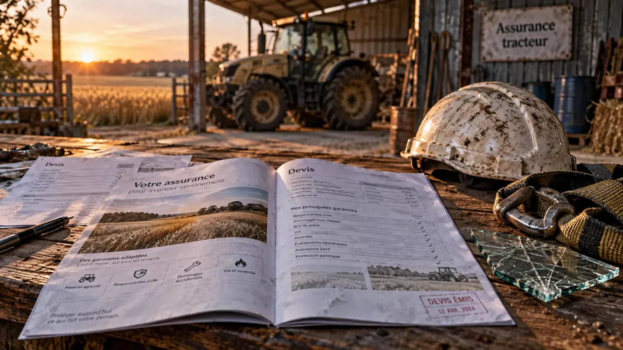 Devis assurance tracteur : garanties conducteur et outils attelés, brochure sur table et tracteur au fond.