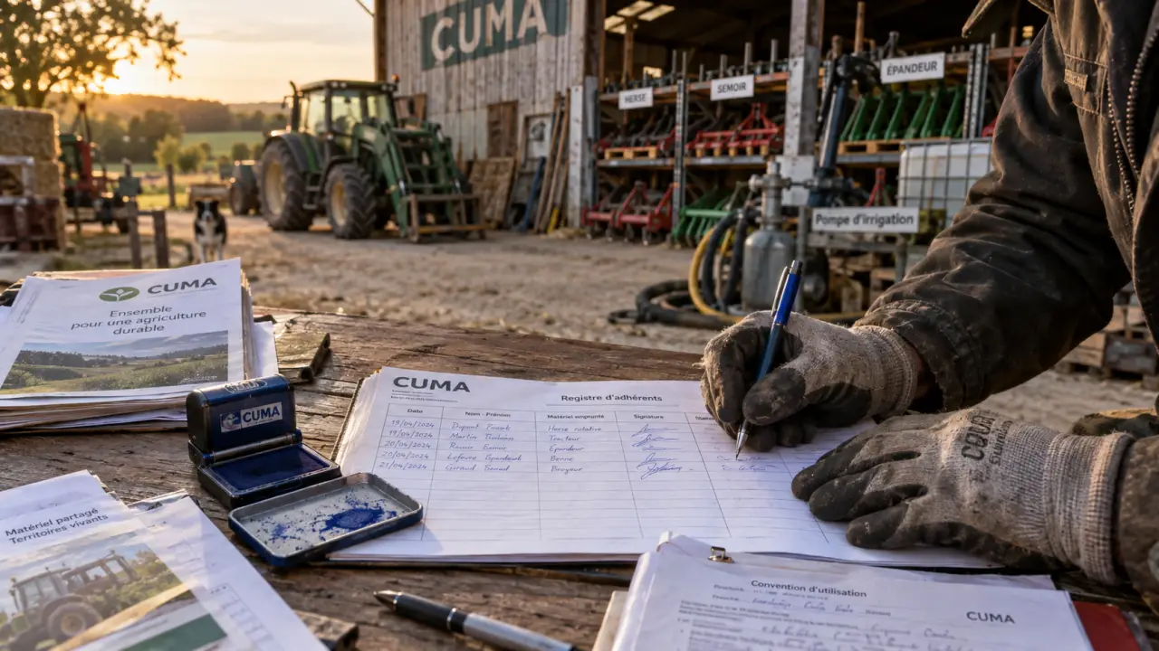 Que veut dire cuma ? Mains signant un registre CUMA près d’un hangar, coûts partagés